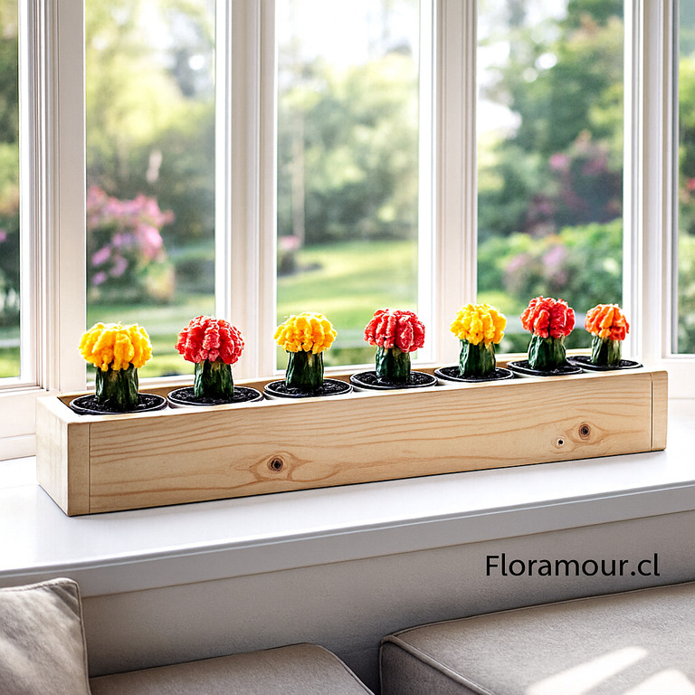 Jardinera r&uacute;stica de madera simple con cactus coreanos injertados. F&aacute;cil mantenci&oacute;n y riego muy bajo
&nbsp;