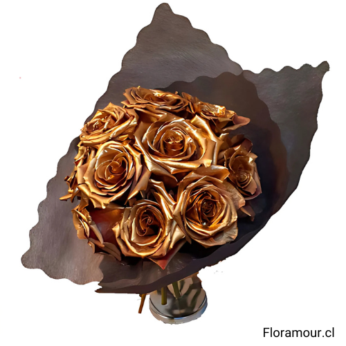Un deslumbrante ramo de rosas doradas que irradia lujo y sofisticación. Cada pétalo brilla con elegancia, creando un arreglo único y exclusivo para quienes buscan un detalle inolvidable. Perfecto para celebraciones especiales, momentos de distinción y regalos que dejan huella
