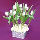 12 Tulipanes holandeses en base caja metálica con agrupamiento floral al pie. (Tono de tulipanes puede variar según disponibilidad de importación) Arreglo minimalista exclusivo
