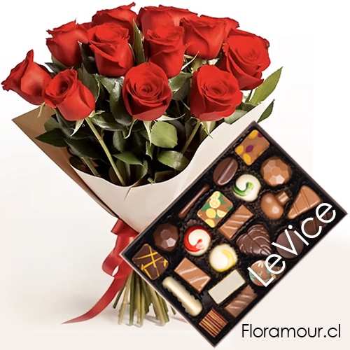 Ramo de doce rosas rojas importadas con caja de bombones finos Le Vice (22U)