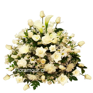 Gran arreglo floral de condolencias con flores seleccionadas. Pieza decorativa elegante para recintos velatorios. Solo Santiago.