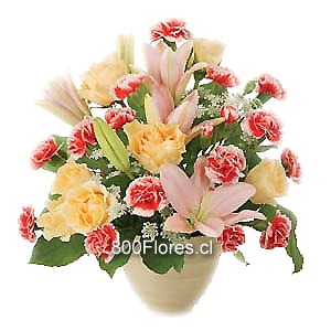 (Available only for: Beijing , Shanghai , Guangzhou , Shenzhen , Nan Ning , Cheng Du)
Poetry can be eloquent, but the fragrance of a beautiful bouquet sweetens every expression. 18 carnations, 9 roses, 1 Asiatic lily, and queen annes lace are delivered in a small container.
