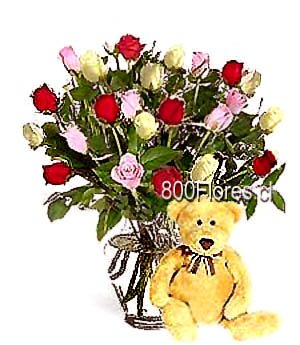 24 mixed roses in a Vase with Teddy Bearboxed bouquet