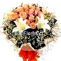 (AVAILABLE ONLY IN:Beijing, Shanghai, Guangzhou, Shenzhen, Nan Ning, Cheng Du)
15 champagne roses, three white Siberia lilies, and baby-breath wrapped with beautiful bouqeut paper.

