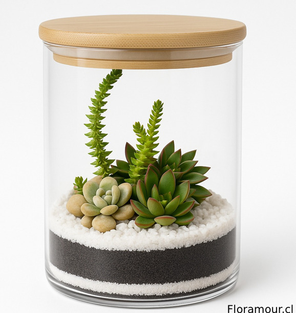Terrario encapsula un peque&ntilde;o ecosistema de forma muy elegante y moderna. La composici&oacute;n es visualmente atractiva y demuestra un dise&ntilde;o cuidado, ideal para quienes buscan un toque de naturaleza de bajo mantenimiento en el hogar o la oficina.