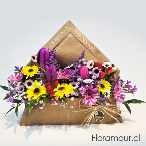 Simpático y exclusivo arreglo de flores naturales dentro de un sobre carta ecológica.
Diseño muy sugerente para expresar lo que desees sin palabras.