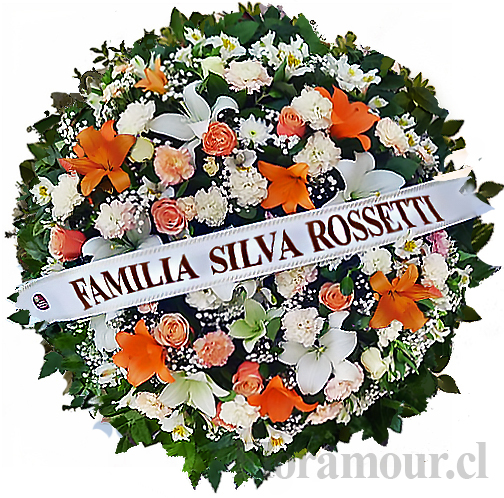 Corona de flores condolencias con liliums naranjos, flores mixtas blancas y toques de rosas, con cinta impresa. Corona para funeral con cinta impresa. Corona con cinta escrita con el nombre de su empresa, familia o grupo representativo,  (Coronas). Disponible solo Santiago.Seleccione colorido de las flores: