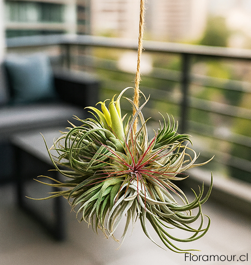 Plantas exóticas en arreglo colgante rústico. Las Tillandsias, Plantas Aéreas, no usan tierra y se mantienen fácilmenrte con un rocío generoso de agua blanda cada tres días. Arreglo muy decorativo para terraza y jardines de coleccionistas