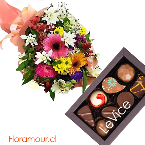 Flores Variadas envueltas y caja de finos bombones Le Vice.