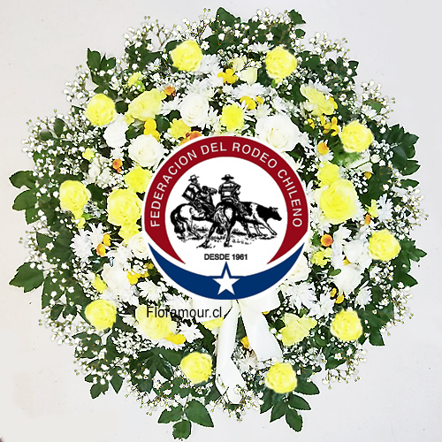 Corona flores para defunción en amarillo y blanco con logo institucional