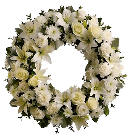 Bella Corona para funeral confeccionada con rosas, liliums y otras flores mixtas todo el conjunto en color blanco. 