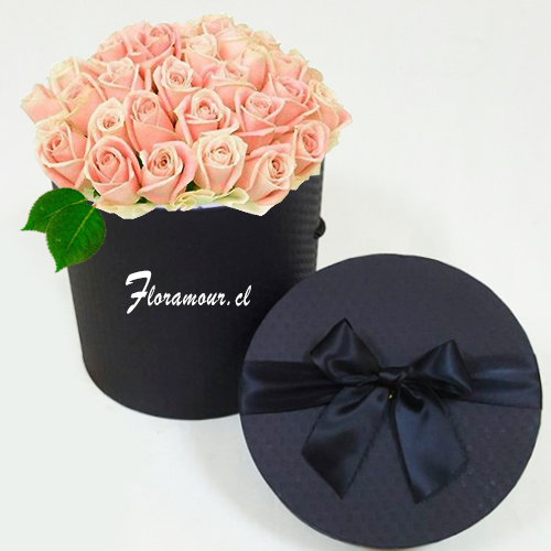 Exclusiva caja negra, circular, con 21 rosas ecuatorianas de color pastel. Servicio en todas las comunas de Santiago de Chile. Seleccione color de las rosas: