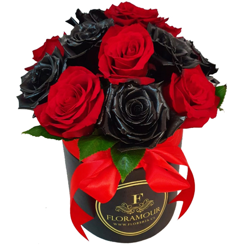 Exclusiva caja tambor con 12 rosas naturales. 6 negras tinturadas y 6 rojas naturales
